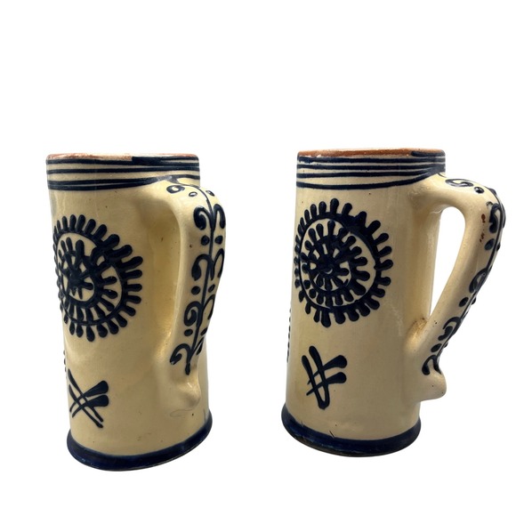 Other - Vintage Folk Art Pottery Romania Pair of MugsCream Navy